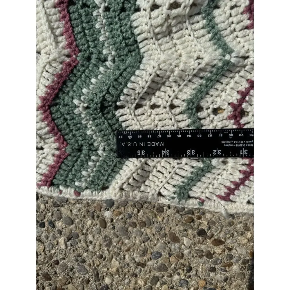 Handmade Crochet Chevron Afghan Blanket Green Burgundy Cream 73x90 Large